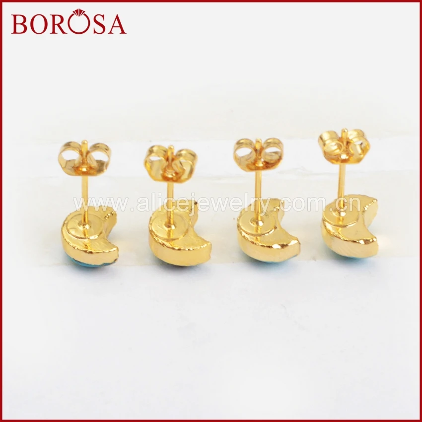 

BOROSA Gold Color 100% Natural Blue Stone Moon Shape Drusy Studs Earrings, Fashion Druzy Crescent Stud Earrings for Women G1225