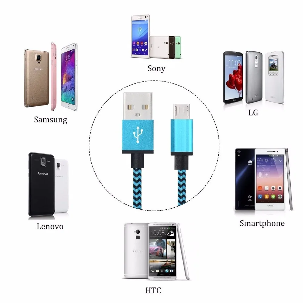 KUYIA 1 м Плетеный USB 2 0 A к Micro B кабель для синхронизации данных зарядный цветной