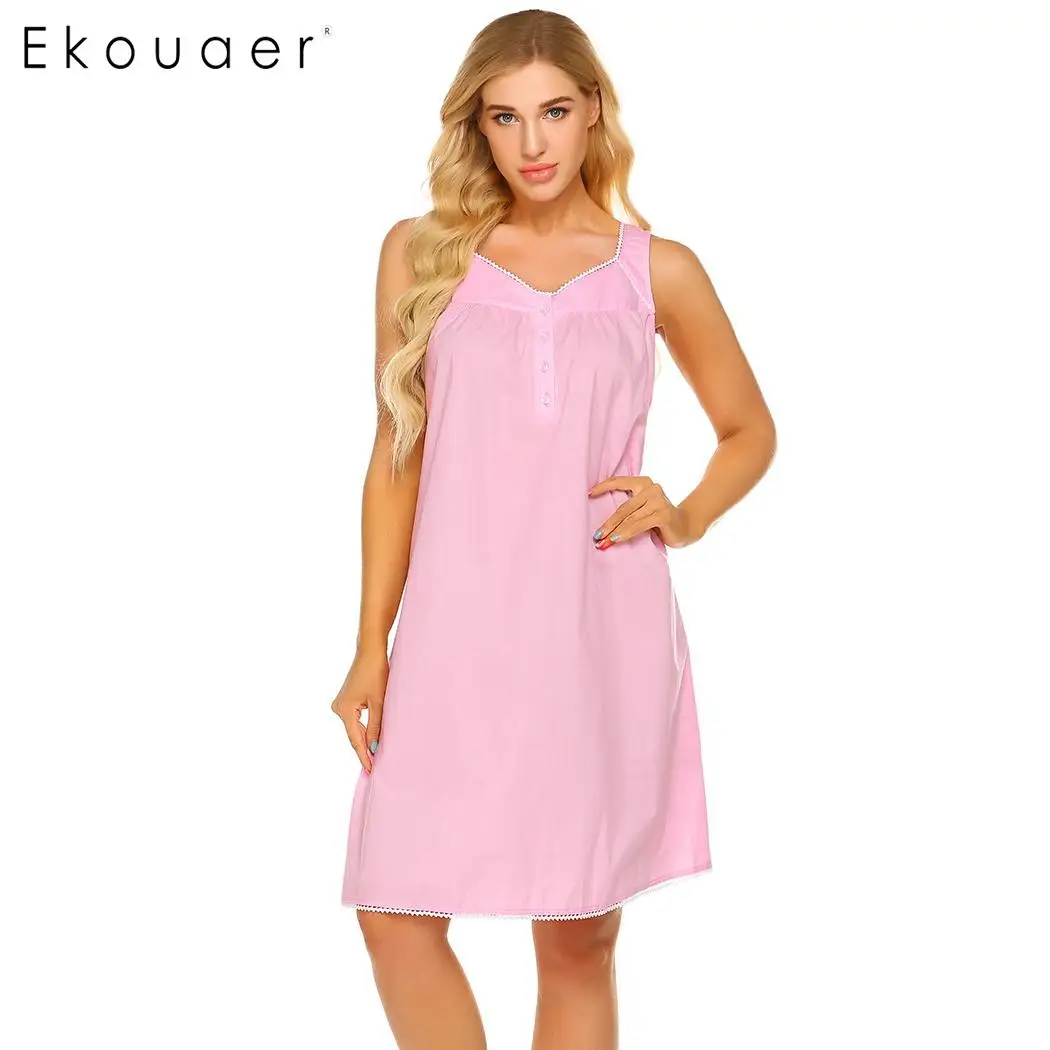 pink Ekouaer женская летняя одежда для сна хлопковое Ночное платье Ночная рубашка на бретелях без рукавов с v-образным вырезом плиссированная свободная Ночная Рубашка домашняя одежда ночные рубашки - Цвет: pink