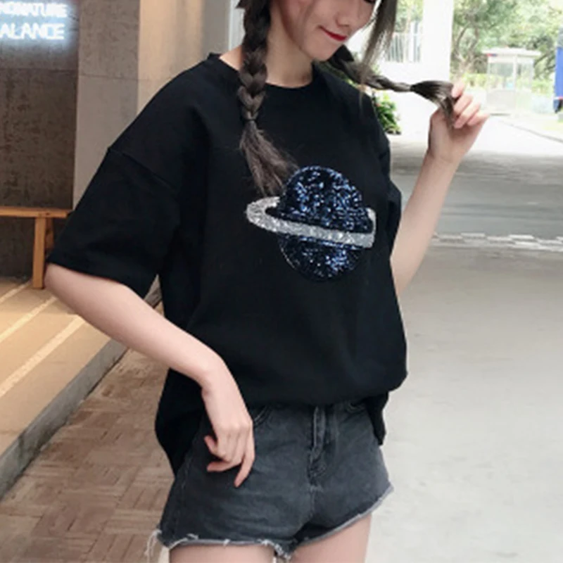 Лето 2019 женская футболка с короткими рукавами свободные блестки индивидуальная