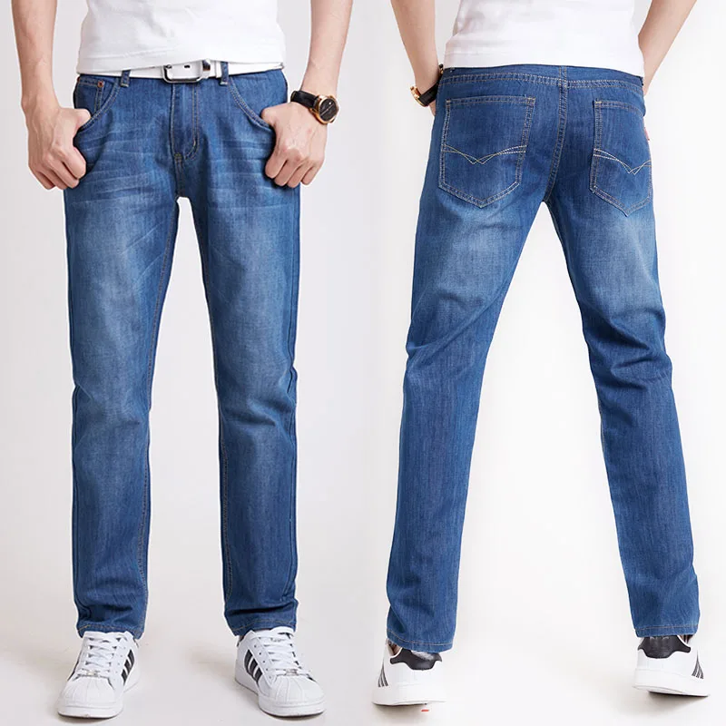 Лето Весна мужская Тонкий Прямой Джинсы Мода Slim Homme Мужчины Длинные Брюки Твердые