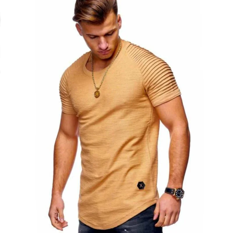 

2021 New Fashion Solid Color Men's T Shirt Mens Short Sleeves Stripe Fold Slim Fit Hipster Casual tee shirt man Tops Tees M-3XL