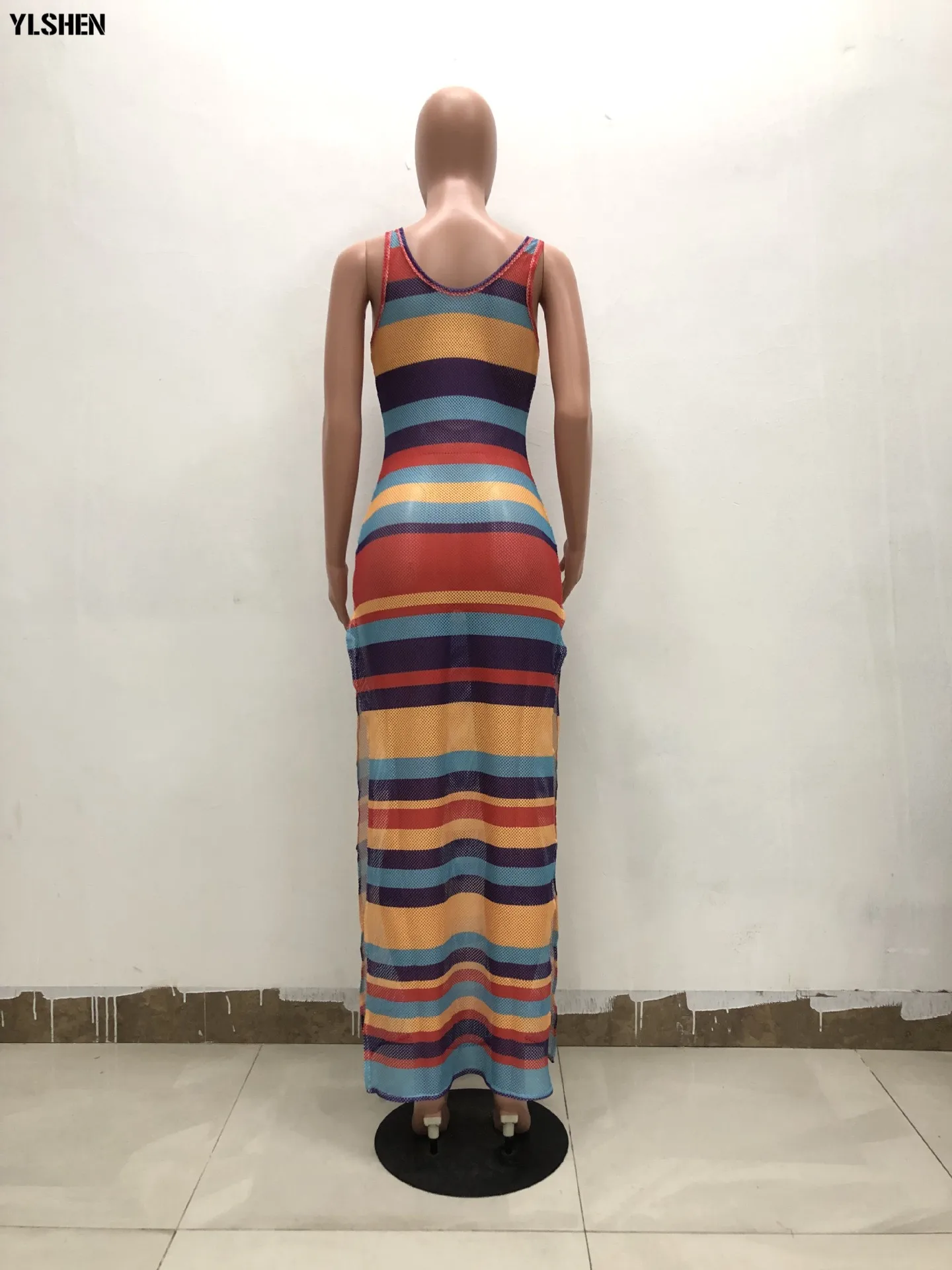 

2019 Elegant Women Sexy Mesh Maxi Dress Stripe Print O-Neck Sleeveless Boho Dresses Tank Robe Summer Casual Long Dress Vestidos