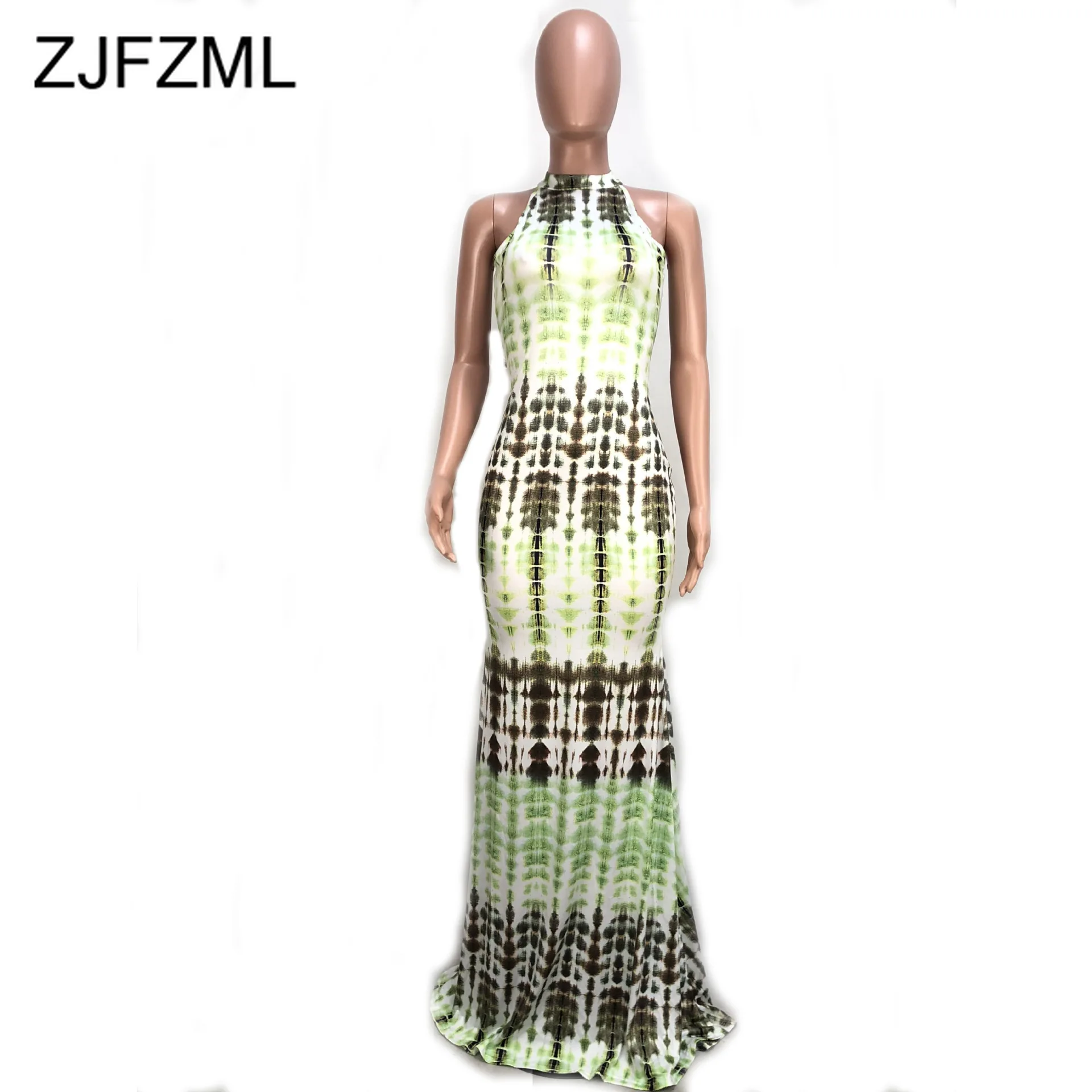 

Off The Shoulder Sexy Long Maxi Dress Women Tie Dye Striped Print Sleeveless Mermaid Dress Summer Back Cut Out Party Club Dress