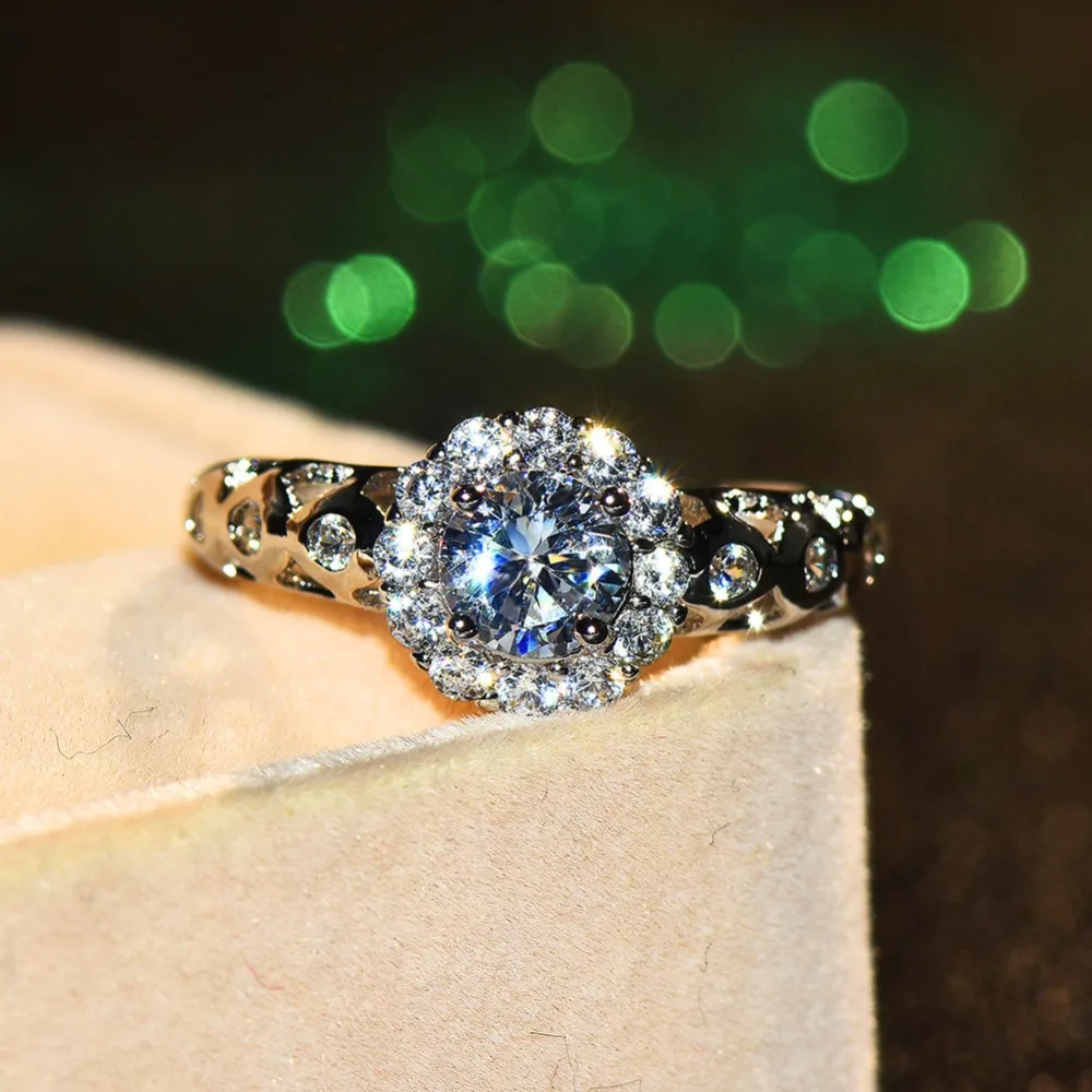 Милое женское кольцо с кристаллами роскошное серебряное белое обручальное