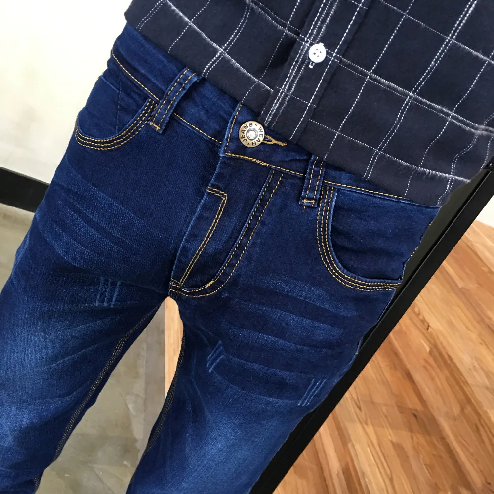 Мода Маленькие Ноги Мужские Джинсы Марка Люкс Классический Синий Тощий джинсы