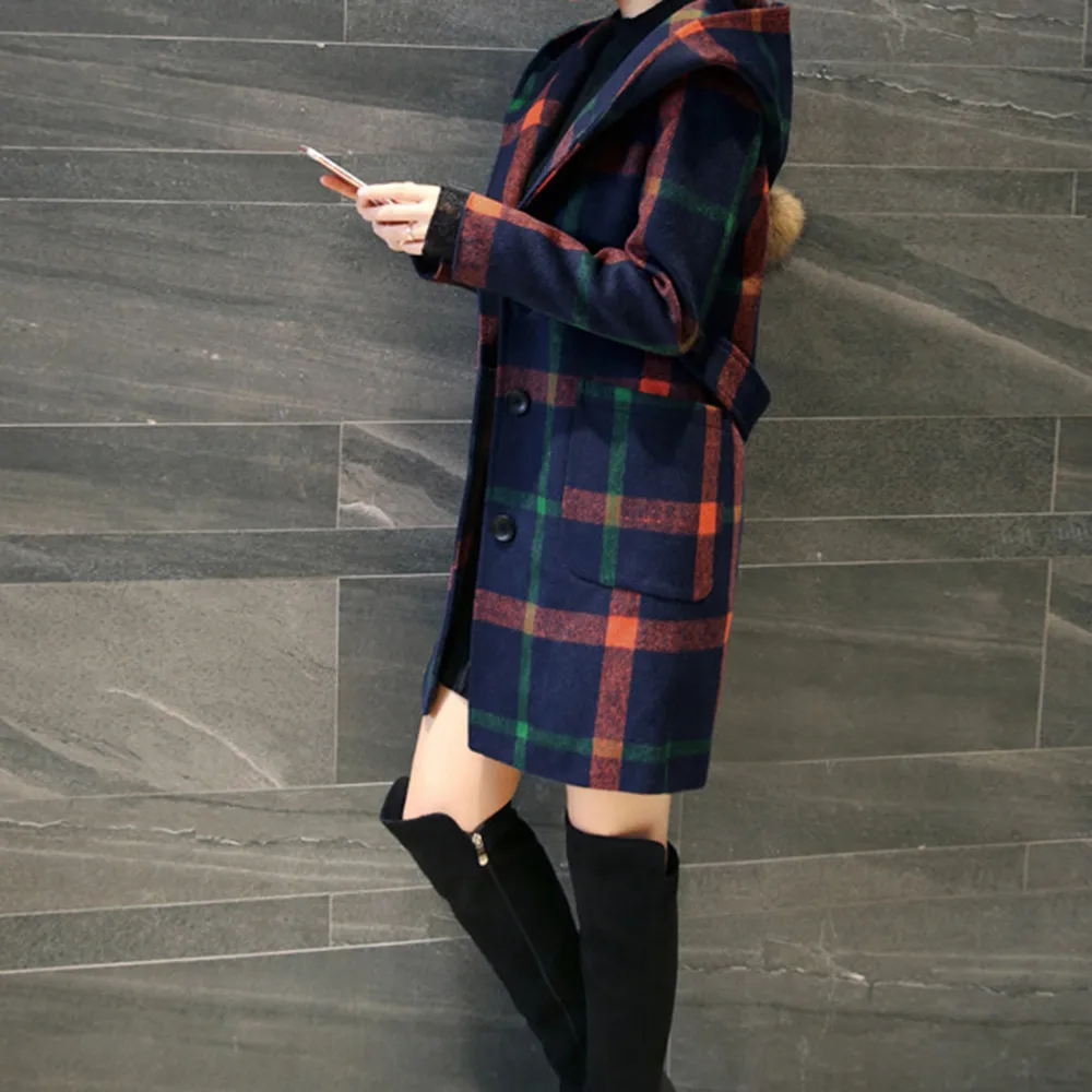 Женская модная клетчатая куртка на пуговицах с длинным рукавом и капюшоном