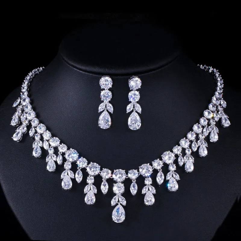 white CWWZircons роскошные темно-синие женские украшения для свадебного платья, большие висячие Висячие свисающие Свадебные CZ ожерелье серьги Ювелирные наборы T341 - Окраска металла: white