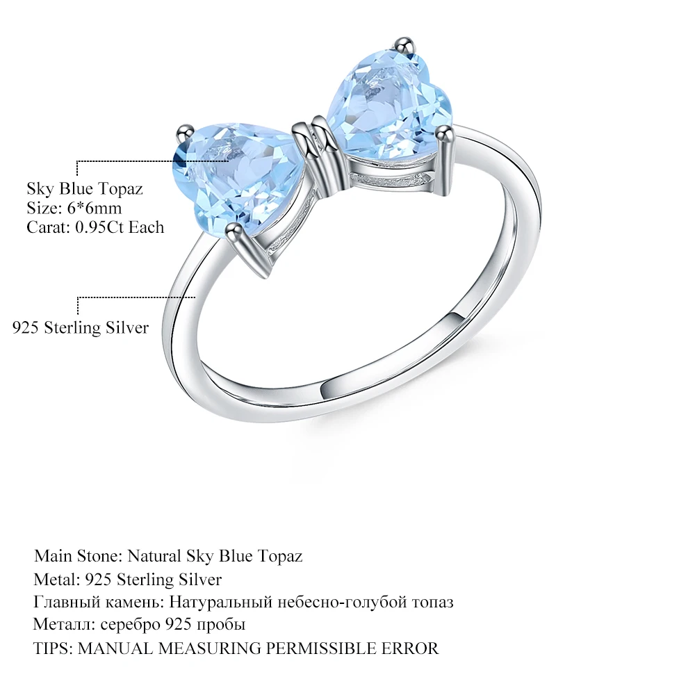 GEM'S балетное Настоящее 925 пробы Серебряное кольцо с бантом 1.91ct натуральное небесно-голубое топазовое кольцо в форме сердца для женщин подарок на день Святого Валентина ювелирные изделия