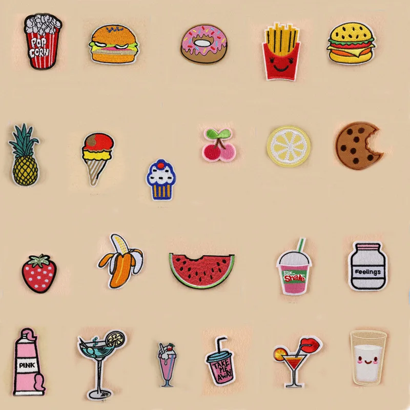 Много продуктов питания фрукты хлеб бутылки патчи и патч железа на шить ткань