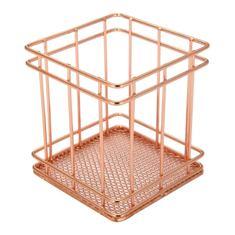 New-Rose Gold Wire Net Pencil / Pen Cup Square Iron Mesh Stationery Organizer Desk Sorter For Office Home Sch | Канцтовары для
