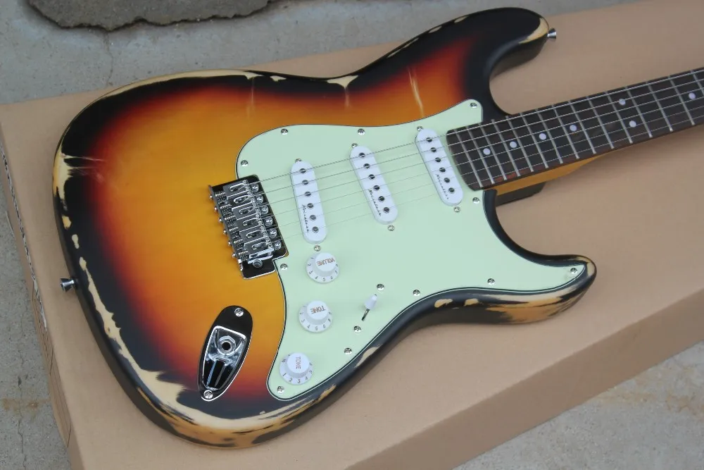 Табак Sunburst Ретро тело электрогитара со звукосниматели sss, светло-зеленый Pickguard, палисандр гриф, предложение по индивидуальному заказу
