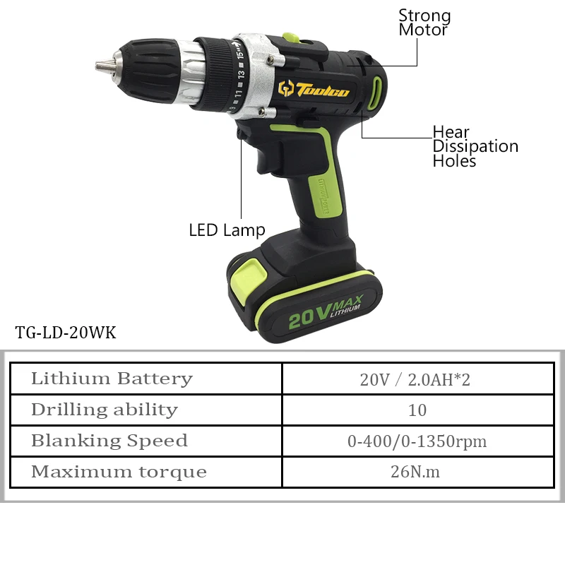 Фото Электрическая аккумуляторная ударная дрель Toolgo 20 в литиевая батарея DIY Мощный Электрическая аккумуляторная ударная дрель Toolgo 20 в литиевая батарея DIY Мощный