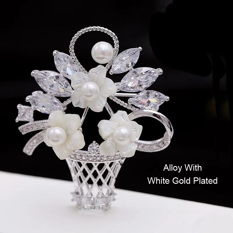 Красные Деревья Цветочная корзина брошь с кубическим цирконием и ракушками