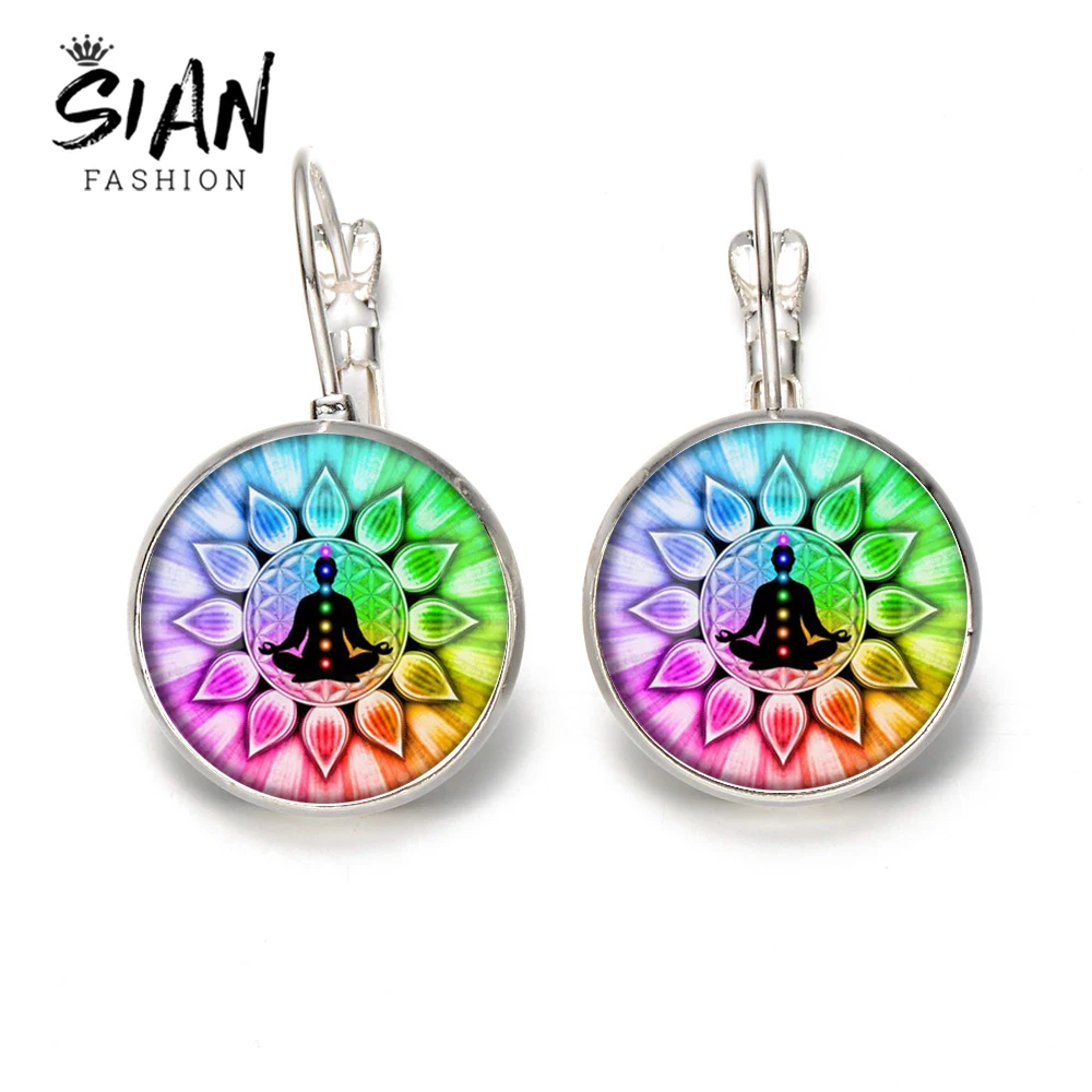 Азиатских Будда с радугой 7 Чакра крюк серьги Мандала Лотос цветок жизни Стекло
