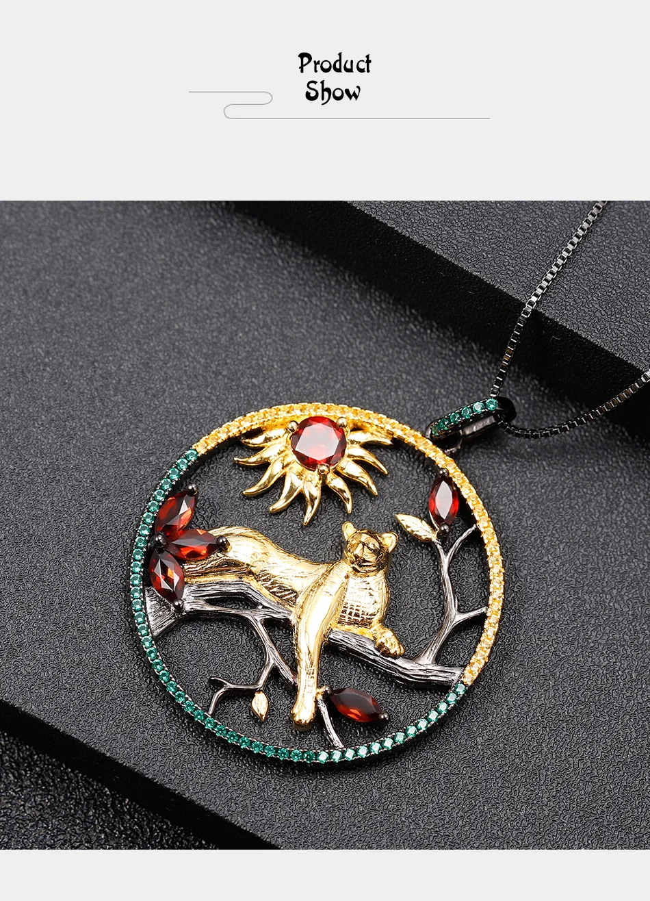 GEM'S BALLET 1.64Ct Natural Red Garnet Handmade Leopard on the Tree Pendant Necklace 925 Sterling Silver Fine Jewelry For Women
