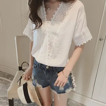 Fashion V neck Blusas  Summer Sexy Women Blouses short Sleeve Lace Hollow Out Shirts White Pink Casual OL Tops Blouse 1
