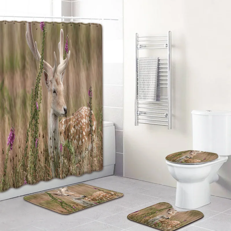 Животное Лесной Олень Лось 4 шт. Водонепроницаемый душ Шторы коврик для ванной