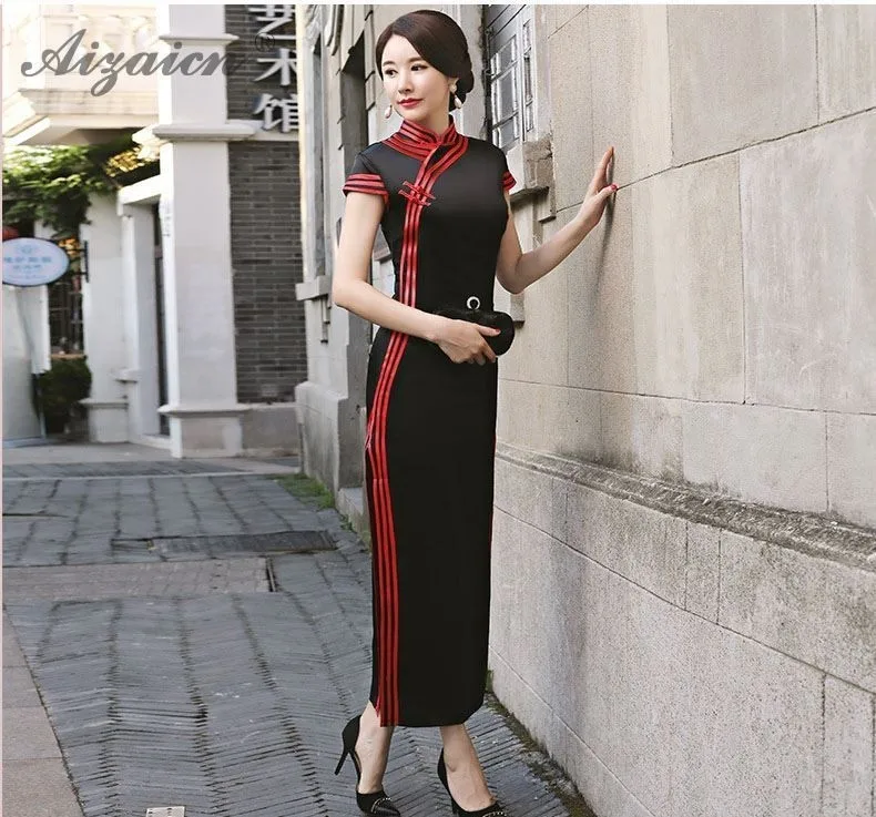 Черное винтажное платье Femme Slim Cheongsam Современные длинные платья Qi Pao женское традиционное китайское платье в восточном стиле халат Ципао