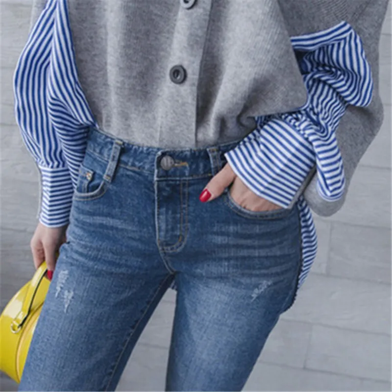 Korobov Korean Women 2019 Sweaters Patchwork V-Neck Female Sweater Long Sleeve Single Breast Cardigan Striped Mujer Sueter 76268 |