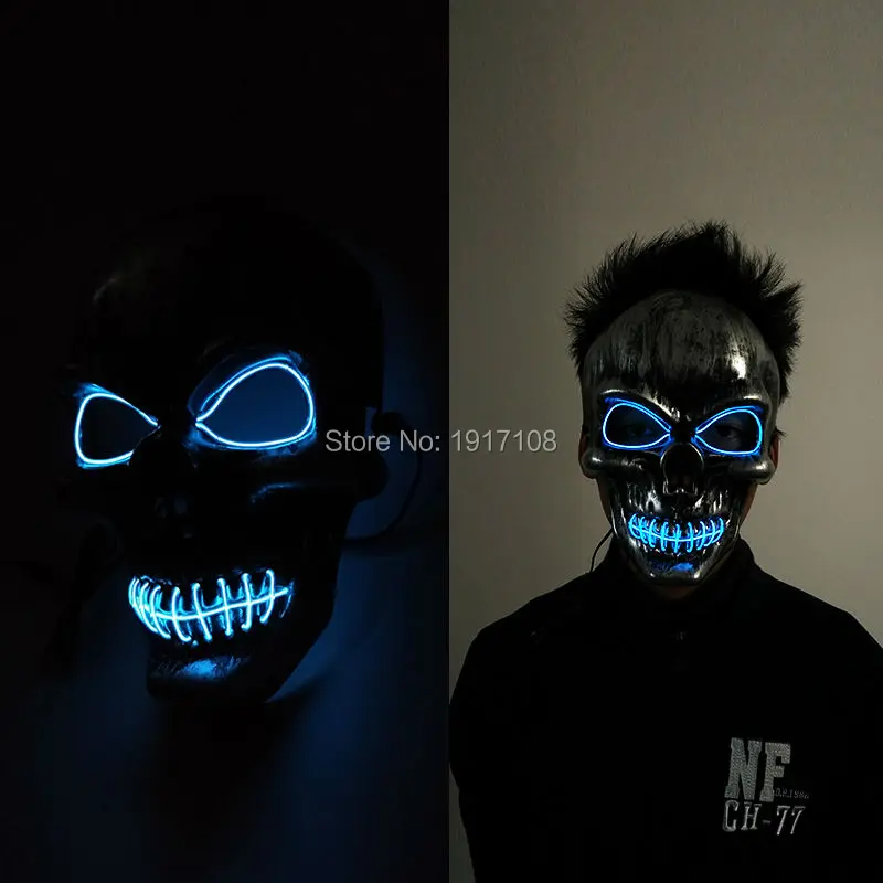 

100 pcs EL Wire Glowing Party Mask 10 colors Choose Flashing Halloween Mask LED Neon Light Skull Mask by DC-3V For parry Decor