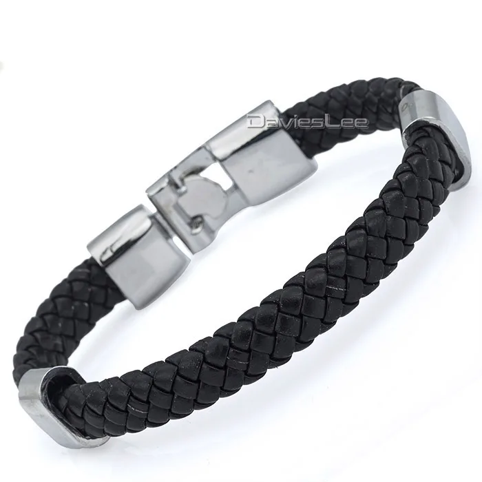 Браслет из черной плетеной кожи с застежкой нержавеющей стали для мужчин и