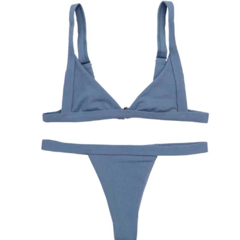 Синий Womens Triangle Bikini Set Solid Color Stretch Slim Swimwear Swimsuit Push Up Padded High Waist Bottom Beach Bathing Suit - Цвет: Синий