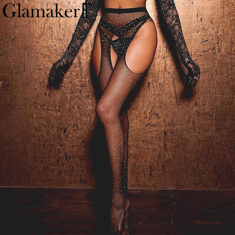 Черный Glamaker, сетчатые Стразы, сексуальные сетчатые чулки, летние, прозрачные, вечерние, Клубные, черные чулки, женские колготки, колготки, облегающие колготки - Цвет: Черный