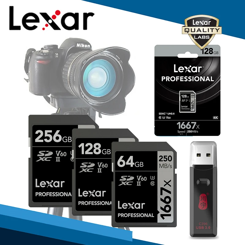 Lexar 256 ГБ sd-карта с картридером Профессиональный SDXC 1667X карты и ридеры USB 3,0 UHS-II класс 10 U3 V60 4K карта памяти
