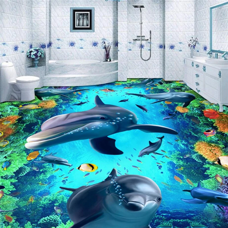 3D обои на стену самоклеющиеся ПВХ для ванной комнаты|floor 3d|dolphin floorphoto wallpaper |