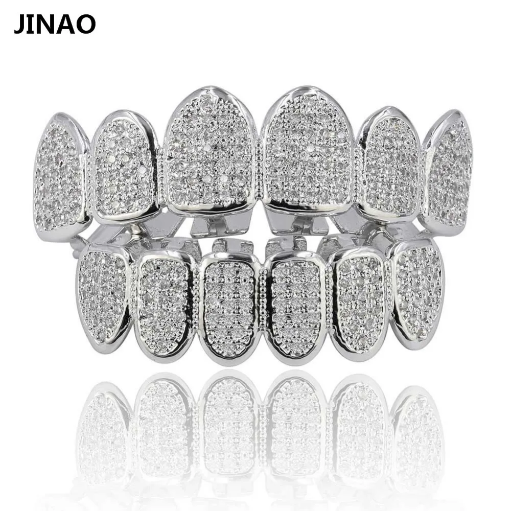 JINAO золото посеребренные хип-хоп ЗУБЫ гриль Все Iced Out CZ камень микро проложили для мужчин n женщин верхней и нижней грили набор Корабль из США