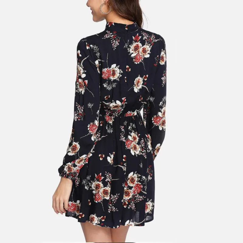 Новинка 2019 цветочные женские платья многоцветные элегантные с длинным рукавом
