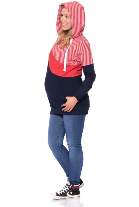 Red Stripe Sunbaby/ Весенняя Модная Повседневная Лоскутная Одежда для беременных; топ с длинными рукавами для кормления; Толстовка для кормления грудью для беременных - Цвет: Red Stripe