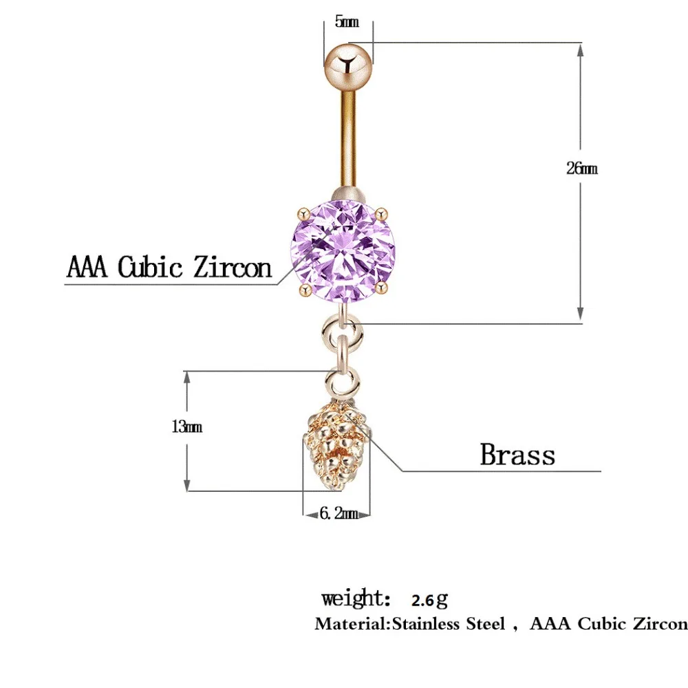 Женское кольцо пуговица с фиолетовым камнем|crystal belly button rings|belly ringsbutton ring |