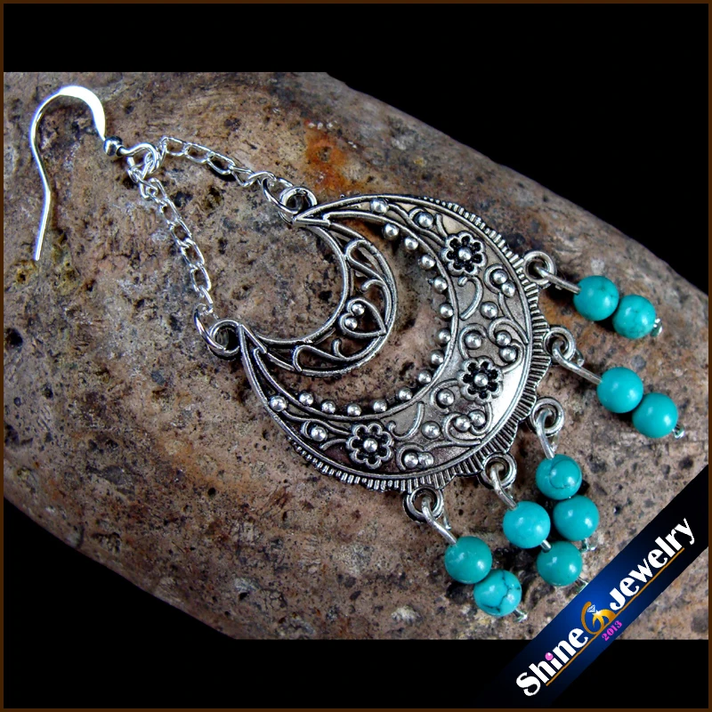 Винтажные тибетские стильные модные ювелирные серьги для женщин с зеленая