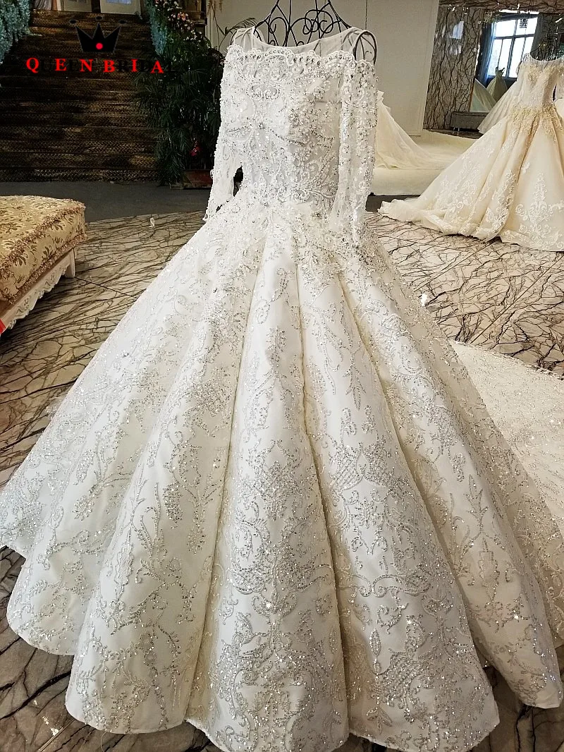 New 2021 robe de mariee Ball Gown Full Sleeves Beaded Crystal vestido de noiva QUEEN BRIDAL Long Train Wedding Dresses WD105