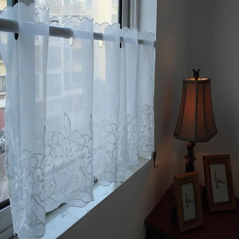 Белый просвечивающие вышивка лотоса вуаль занавески на кухню небольшой