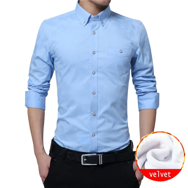 BROWON Winter Mens Dress Shirts Warm Thick Fabric Velvet Shirt Men Turn-down Collar Korean Style Slim Fit Clothes Plus Size | Мужская