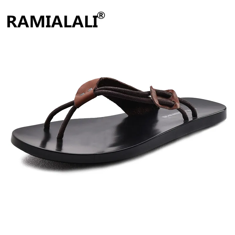 Ramialali/мужские кожаные шлепанцы; сандалии; мужская пляжная обувь из спилка; Вьетнамки без застежки; мужская повседневная обувь; Летняя обувь