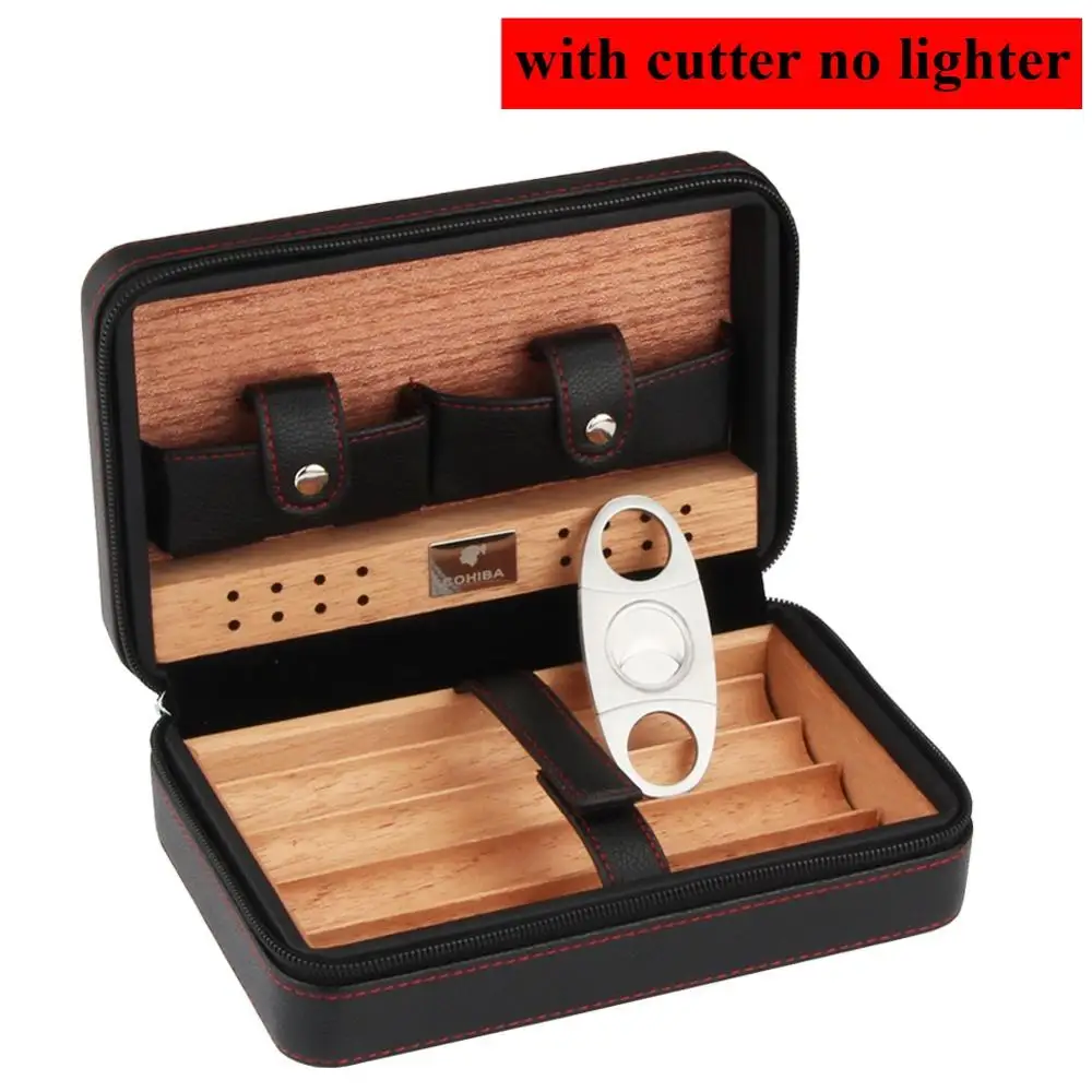 COHIBA Humidor коробка для сигар Дорожный Чехол для сигар из кожи кедра коробка для сигар с увлажнителем набор аксессуаров - Цвет: W Cutter No Lighter