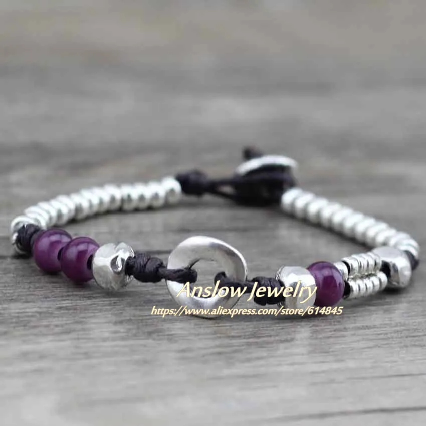 purple Anslow Bijoux, модные ювелирные изделия, Новое поступление, стеклянные бусы из цинкового сплава, веревка ручной работы, кожаный браслет LOW0460LB - Окраска металла: purple