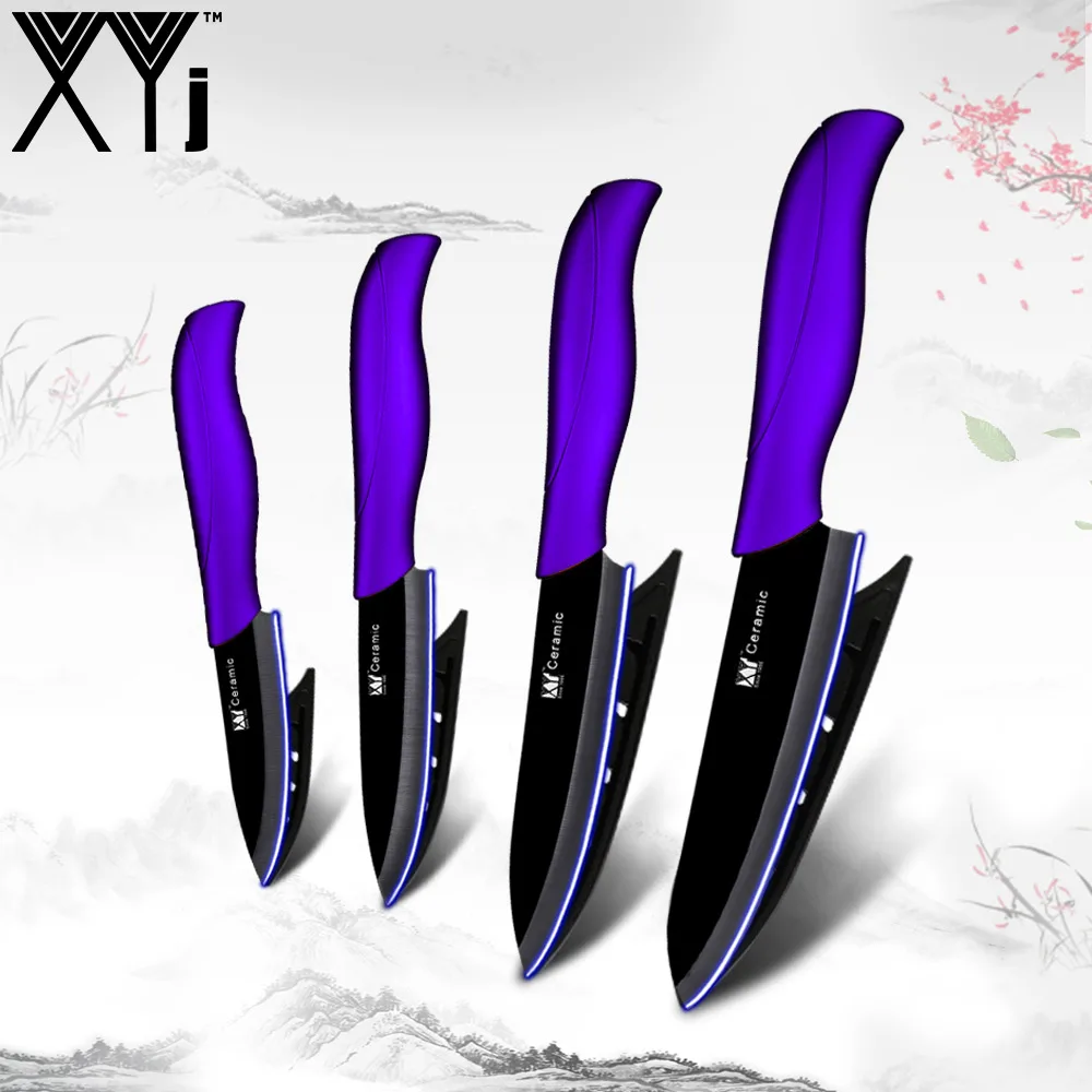 Purple H Black Blade XYj Горячая цена Керамический кухонный нож набор 4 шт. набор шеф-повара кухонный нож супер острый Цирконий лезвие ABS+ TPR ручка нож - Цвет: Purple H Black Blade
