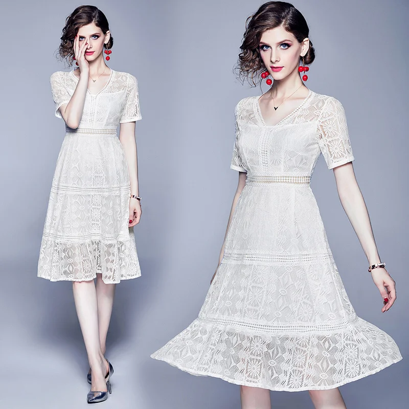 Женское дизайнерское однотонное платье летнее привлекательное белое кружевное