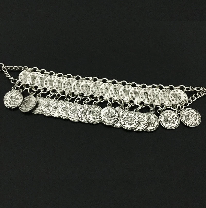 Ретро богемский Цыганский серебряный резной браслет с кисточками для монет