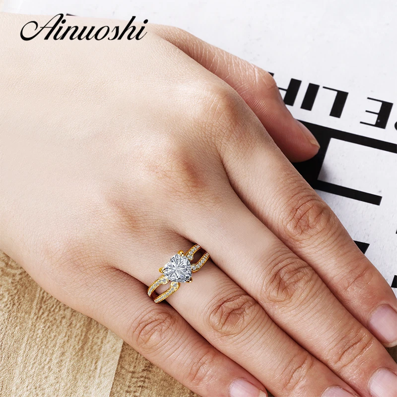 AINUOSHI 14K Yellow Gold Heart Ring 2.5 ct Sona Simulated Diamond Double Layer Lovers Proposal Wedding Engagement Ring for Women