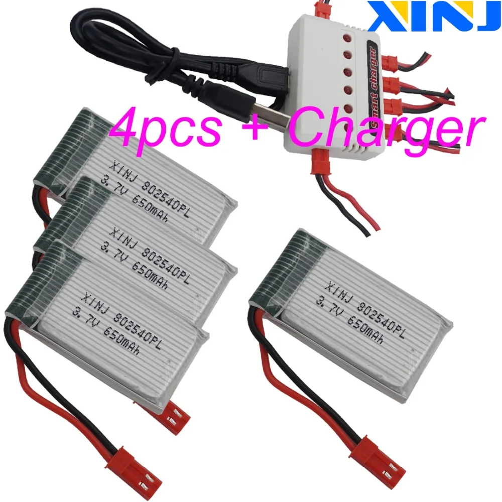 XINJ Зарядное устройство + 4 шт. 3 7 V 650 мА/ч 25C полимерный литий Батарея клетка Lipo для