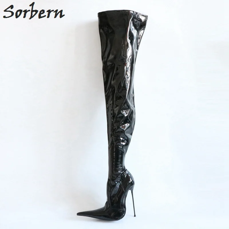 Black Shiny 14cm Sorbern/женские сапоги до бедра на очень тонком металлическом каблуке 14 см; пикантные сапоги для ночного клуба; БДСМ; обувь на заказ; обувь больших размеров - Цвет: Black Shiny 14cm
