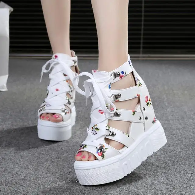 white Женские туфли на танкетке; коллекция года; Zapatos De Mujer; летние женские босоножки на платформе и высоком каблуке; Новая брендовая стильная обувь; женские босоножки; Mujer - Цвет: white