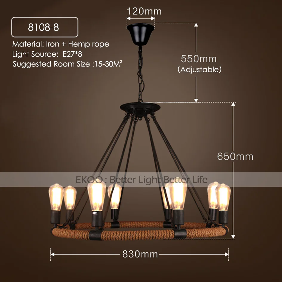 8-Light EKOO старинный фермерский дом веревка E26/27 люстра лампа для кафе баров светильник Лофт домашний Ресторан Бар гостиная - Цвет абажура: 8-Light