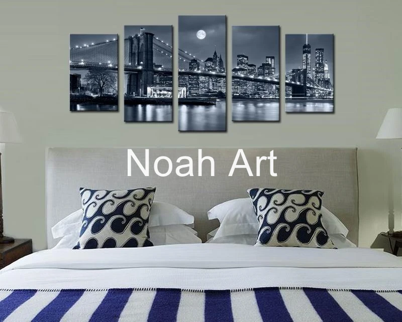 Черно-белые принты Бруклинский мост на Манхэттене Ночной пейзаж холст настенные